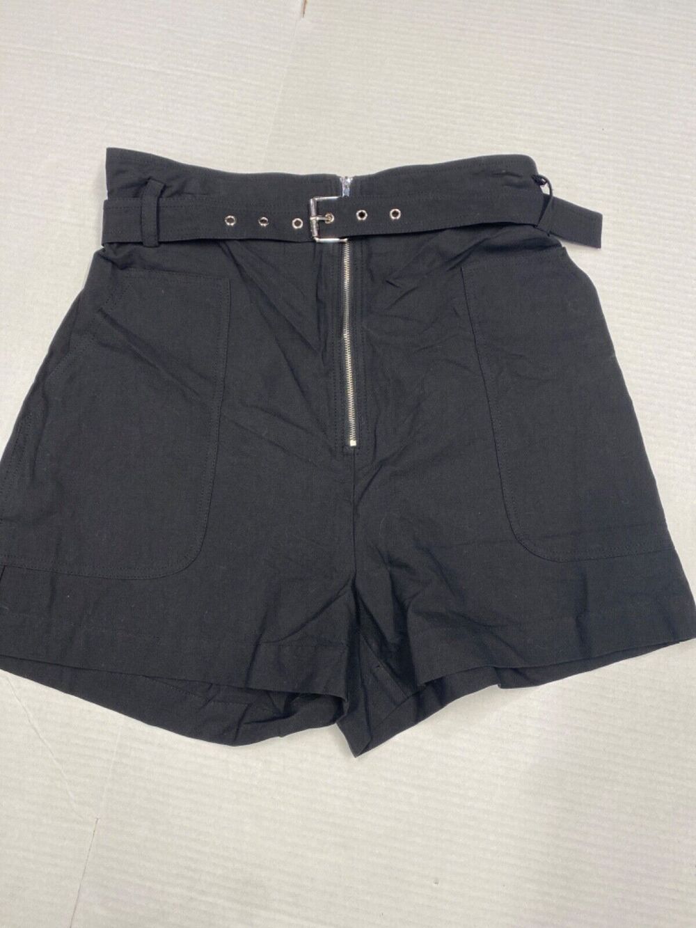 New Elodie Womens Casual Shorts Black High Waist Belted Zip Cuffed M (b9)